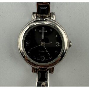 Cross Watch Women Silver Tone Black Round Dial Religious Faith New Battery 7.5"
